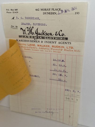 OLD INVOICE / RECEIPT: W. H. Jackson & Co. - Jaxonia Clothing 1934