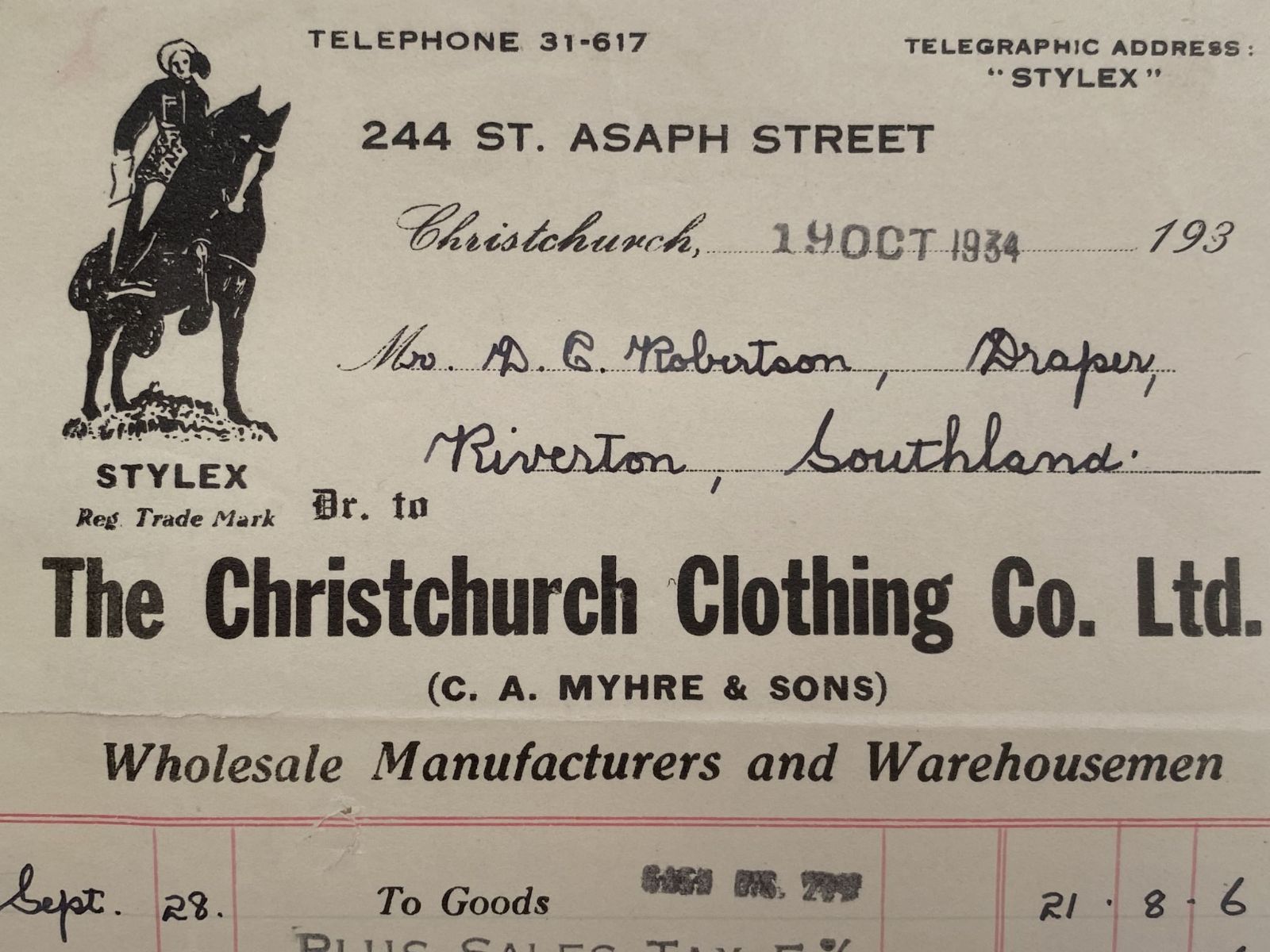 OLD INVOICE / RECEIPT: The Christchurch Clothing Co. Ltd 1934