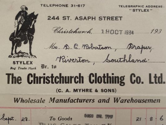 OLD INVOICE / RECEIPT: The Christchurch Clothing Co. Ltd 1934 