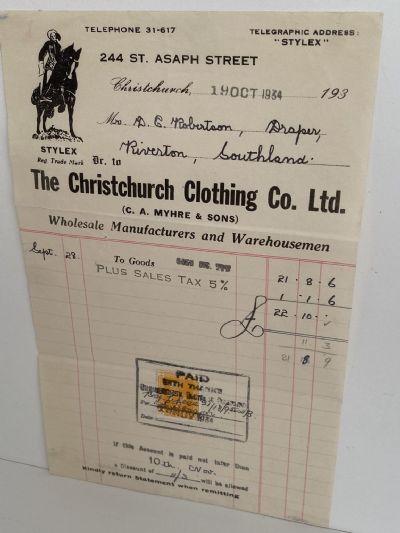 OLD INVOICE / RECEIPT: The Christchurch Clothing Co. Ltd 1934
