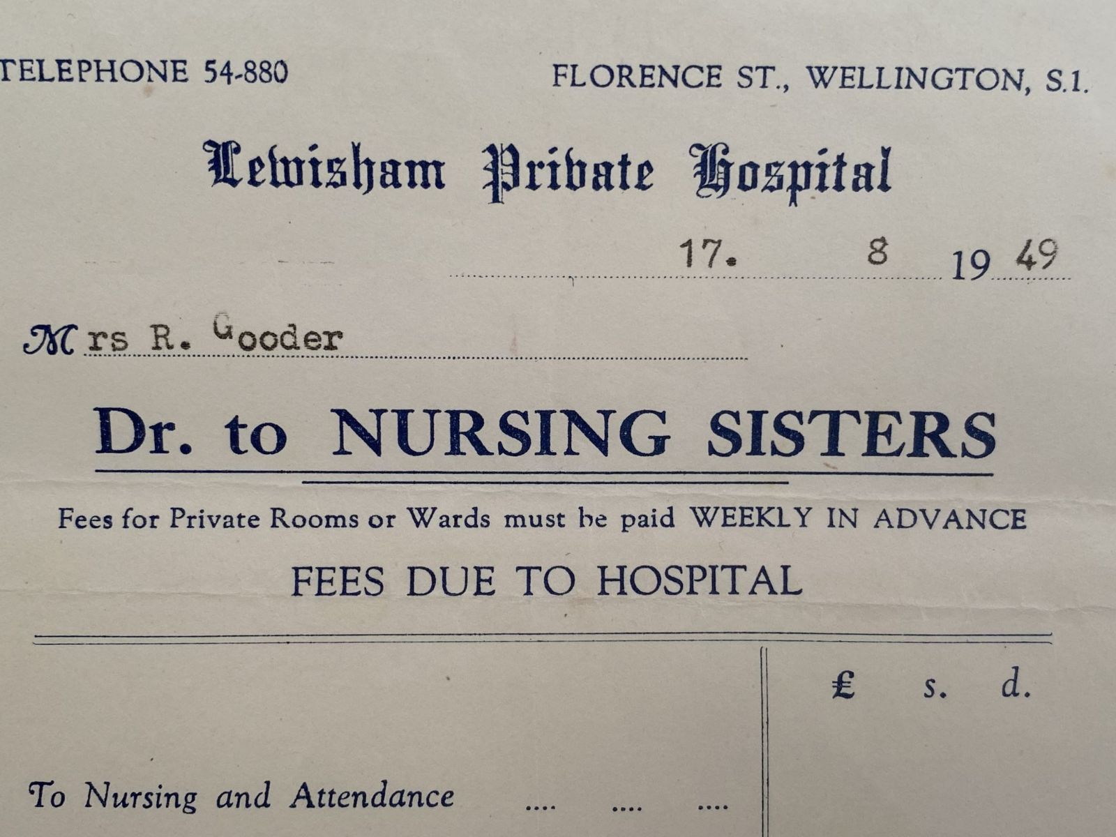 OLD INVOICE / RECEIPT: Lewisham Private Hospital, Wellington 1949