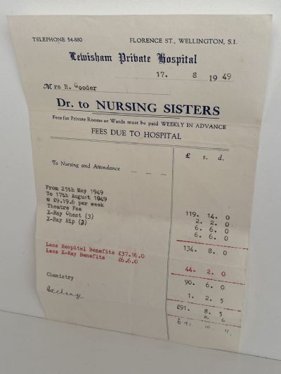OLD INVOICE / RECEIPT: Lewisham Private Hospital, Wellington 1949