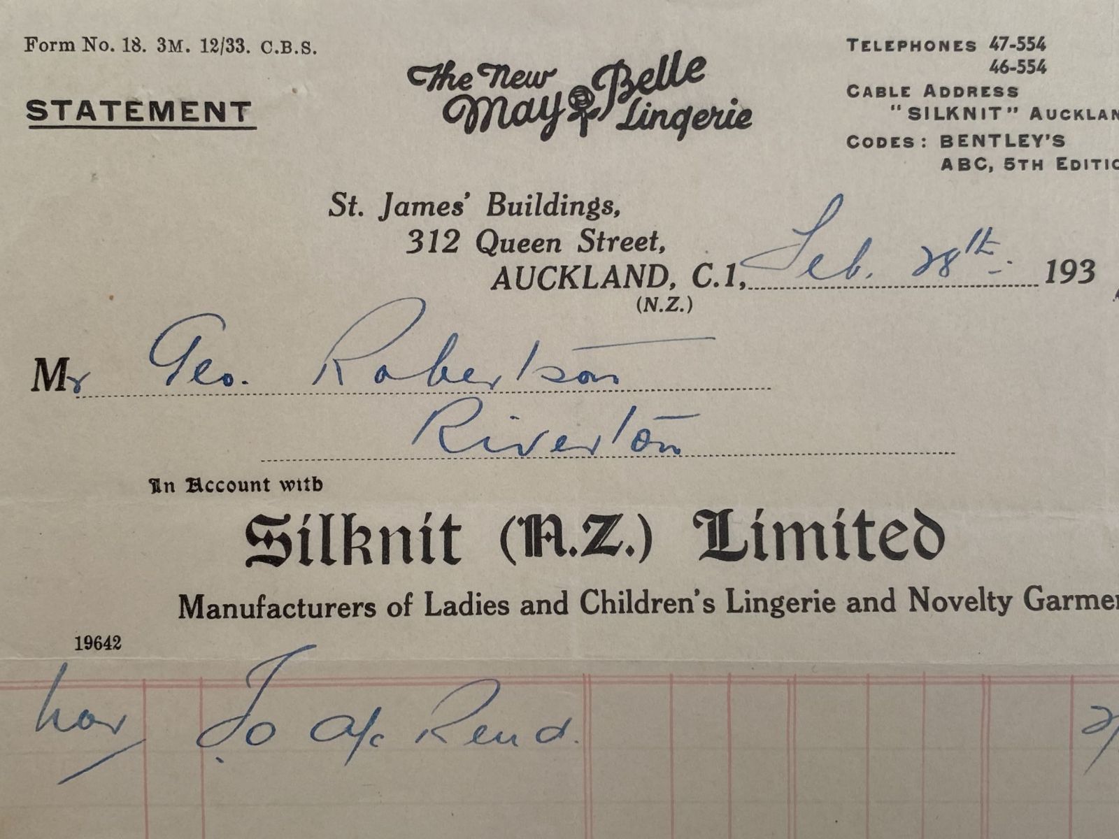 OLD INVOICE / RECEIPT: Silknit (NZ) Ltd, Auckland 1934