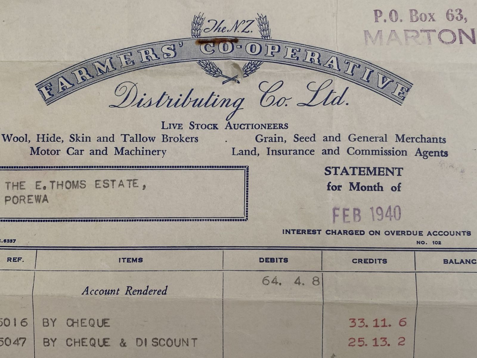 OLD INVOICE / RECEIPT: Farmers Co-operative Distributing Co. Ltd. 1940