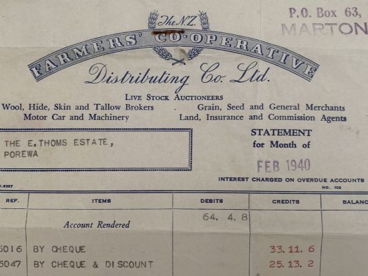 OLD INVOICE / RECEIPT: Farmers Co-operative Distributing Co. Ltd. 1940 