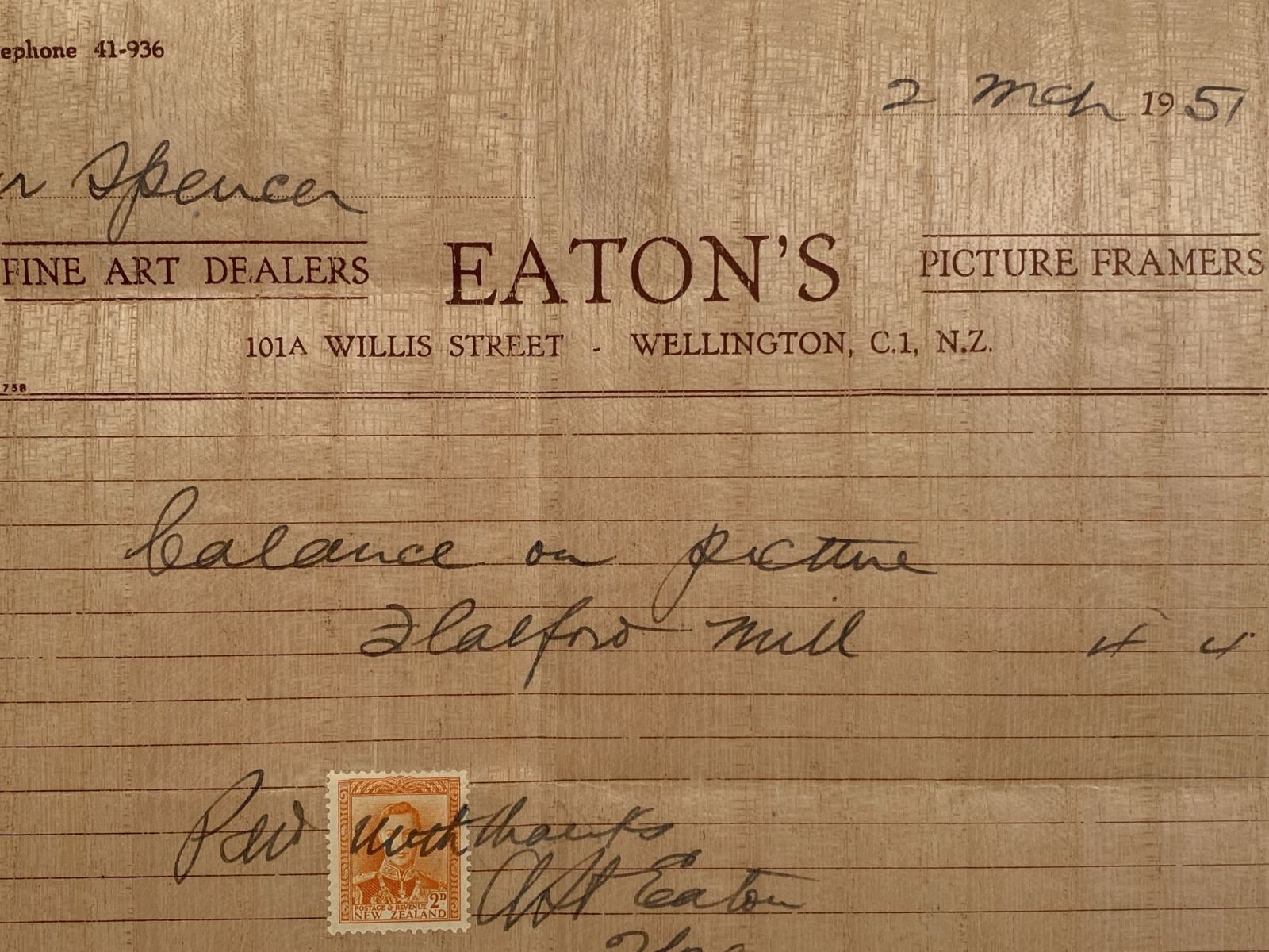 OLD INVOICE / RECEIPT: Eaton's Fine Art Dealers / Picture Framers 1957