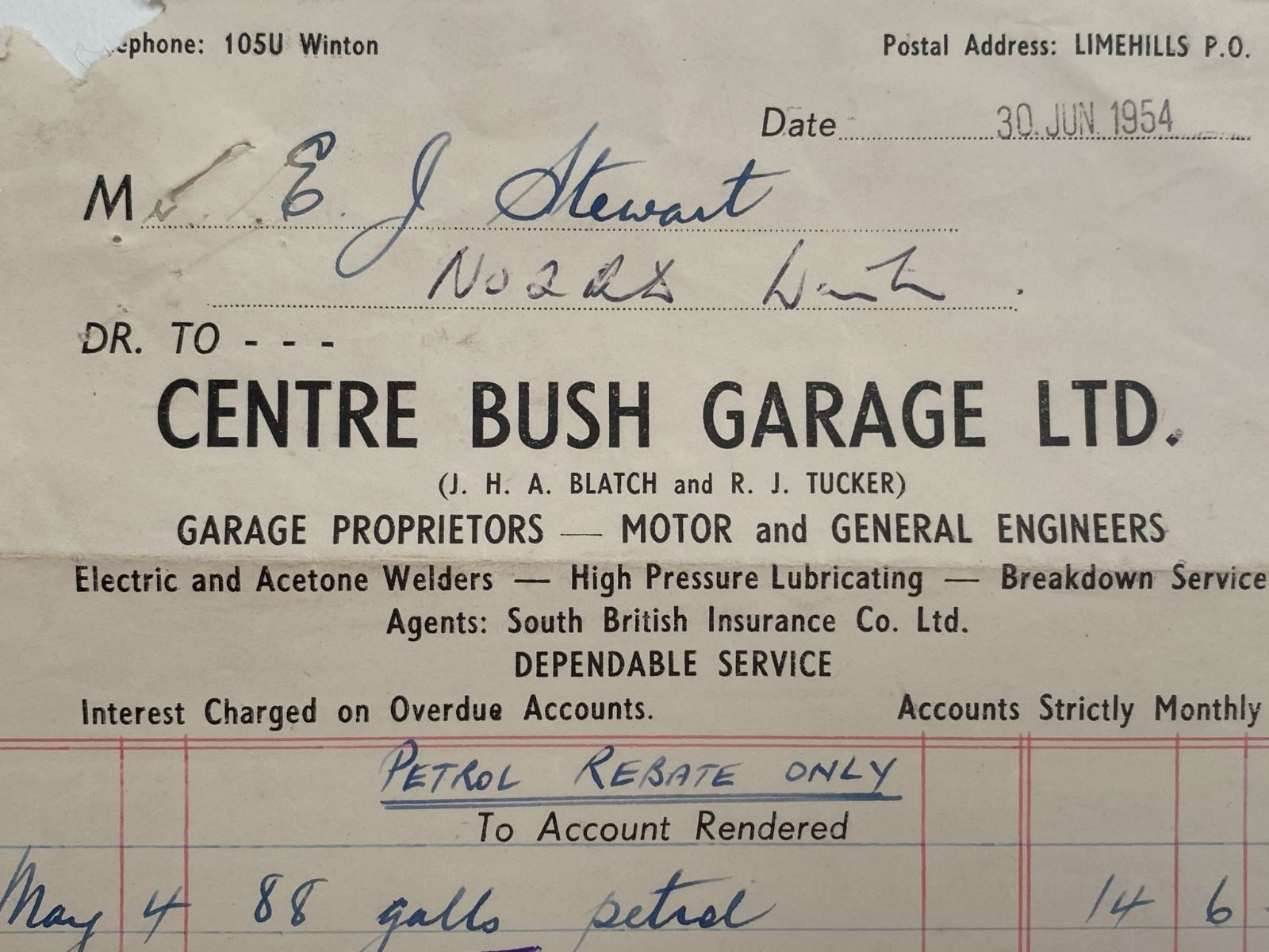OLD INVOICE / RECEIPT: Centre Bush Garage, Winton 1954