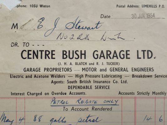 OLD INVOICE / RECEIPT: Centre Bush Garage, Winton 1954 