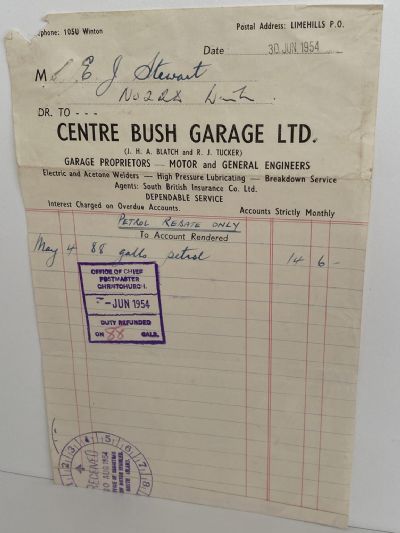 OLD INVOICE / RECEIPT: Centre Bush Garage, Winton 1954