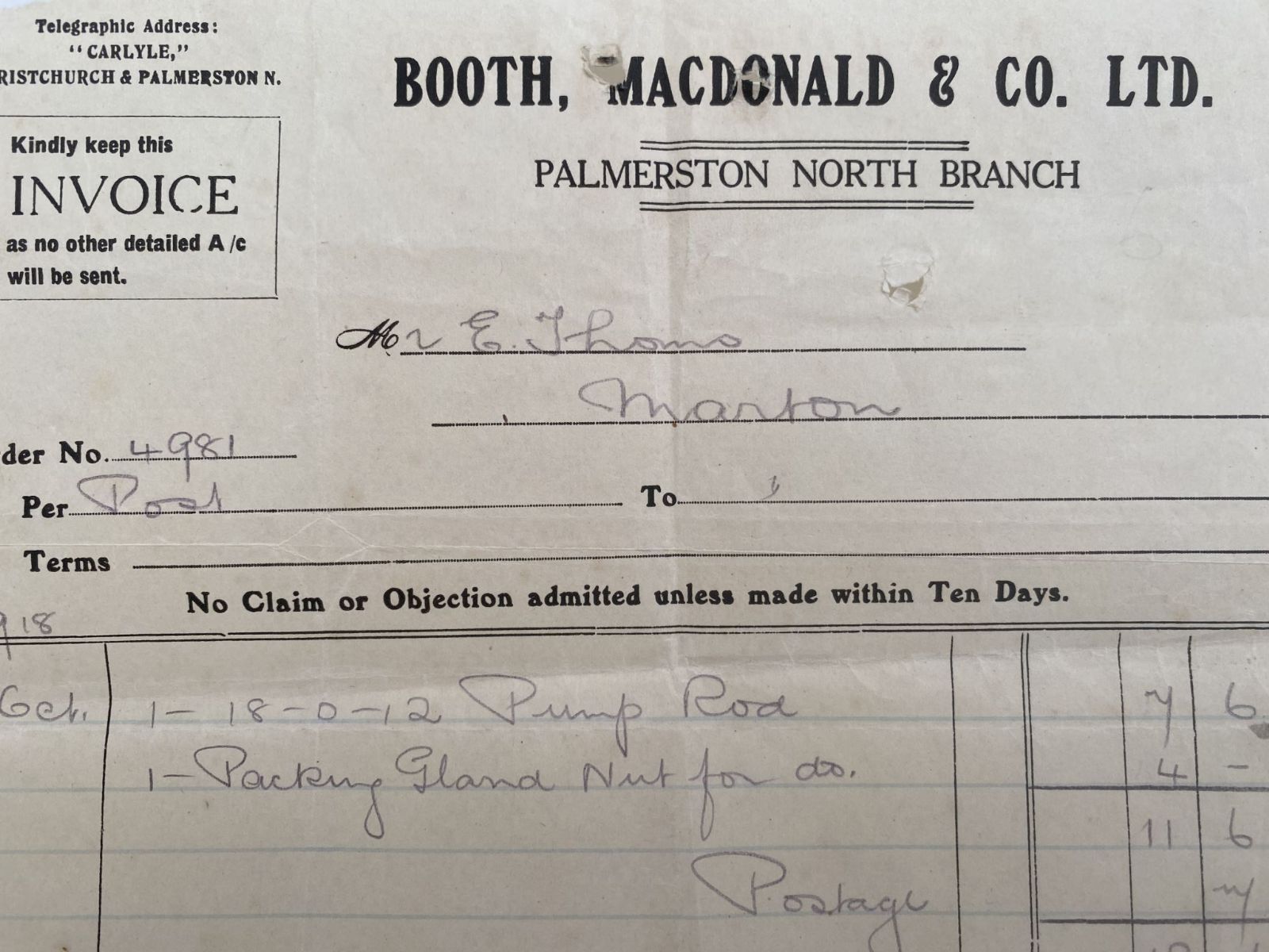 ANTIQUE INVOICE / RECEIPT: Booth, McDonald & Co. Ltd, Palmerston North 1918