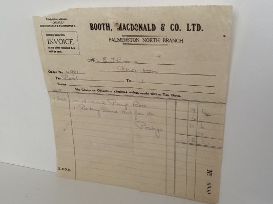 ANTIQUE INVOICE / RECEIPT: Booth, McDonald & Co. Ltd, Palmerston North 1918