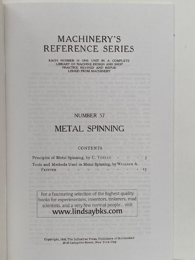 METAL SPINNING: Machinery's Reference Series No. 57