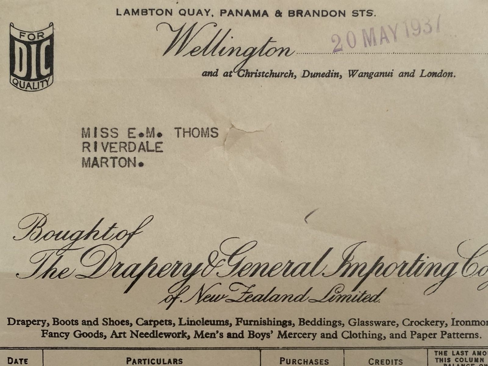OLD INVOICE / RECEIPT: The Drapery & General Importing Co, Wellington 1937