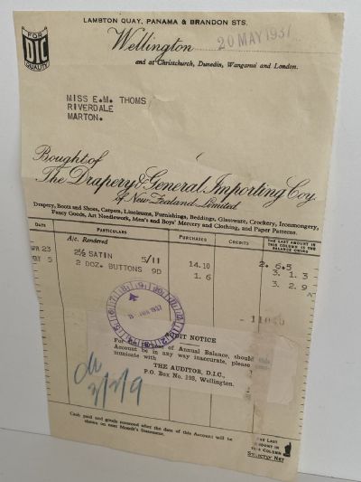 OLD INVOICE / RECEIPT: The Drapery & General Importing Co, Wellington 1937