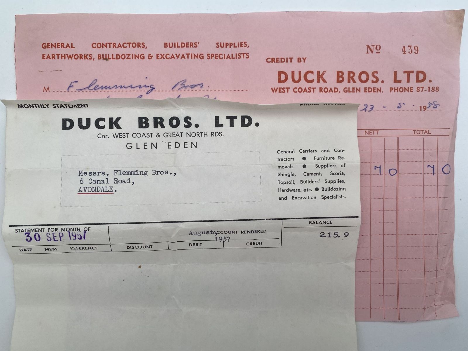 OLD INVOICE / RECEIPT: Duck Bros. Ltd, Glen Eden - General Contractors 1957