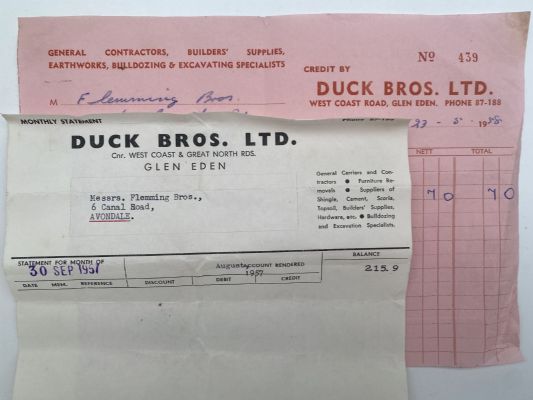 OLD INVOICE / RECEIPT: Duck Bros. Ltd, Glen Eden - General Contractors 1957 