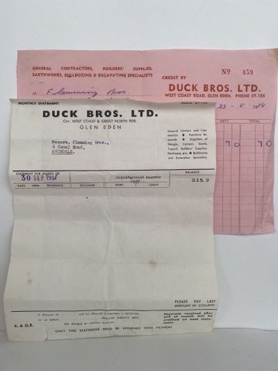 OLD INVOICE / RECEIPT: Duck Bros. Ltd, Glen Eden - General Contractors 1957