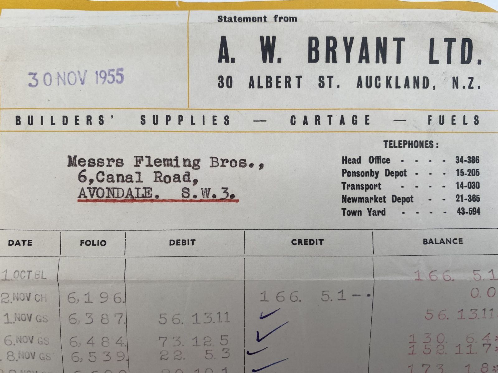 OLD INVOICE / RECEIPT: A. W. Bryant Ltd, Auckland - Builders Suppliers 1955