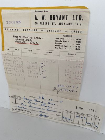 OLD INVOICE / RECEIPT: A. W. Bryant Ltd, Auckland - Builders Suppliers 1955