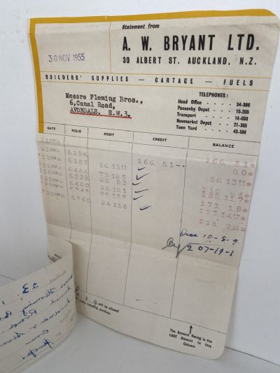 OLD INVOICE / RECEIPT: A. W. Bryant Ltd, Auckland - Builders Suppliers 1955