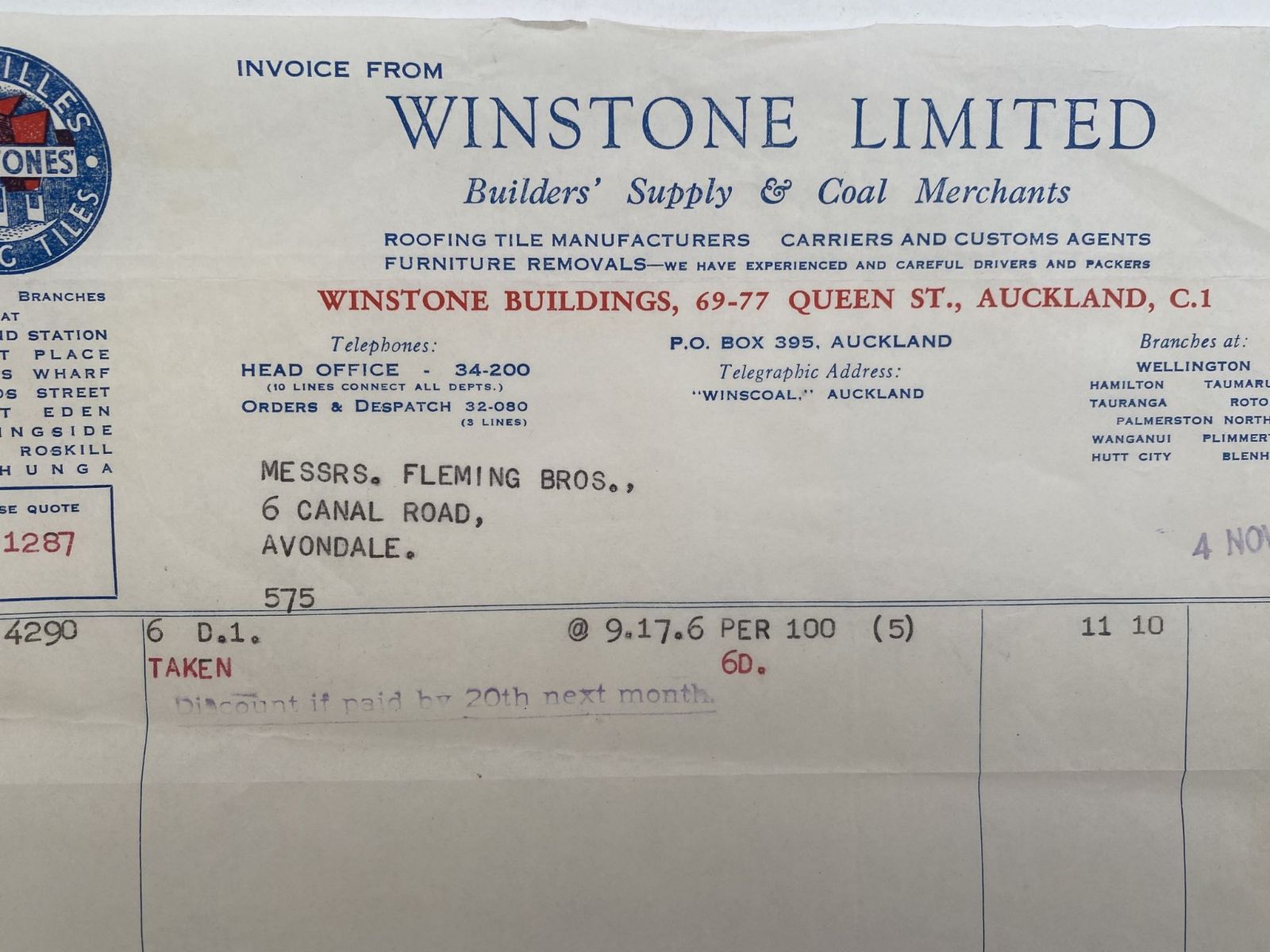 OLD INVOICE: Winstone Ltd - Builders Supply and Coal Merchants 1959