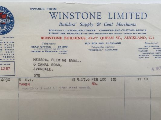 OLD INVOICE: Winstone Ltd - Builders Supply and Coal Merchants 1959 