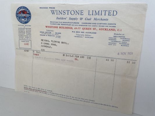 OLD INVOICE: Winstone Ltd - Builders Supply and Coal Merchants 1959
