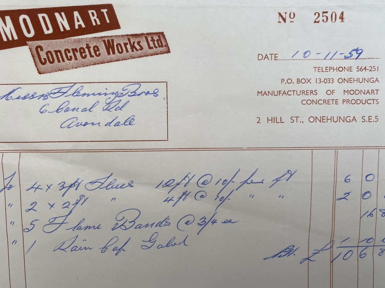 OLD INVOICE: Modnart Concrete Works Ltd, Onehunga 1959