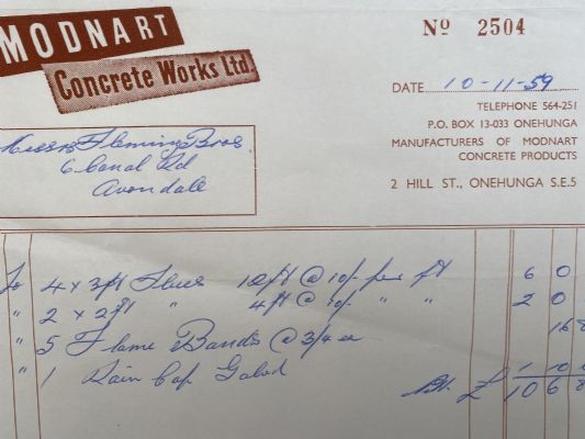 OLD INVOICE: Modnart Concrete Works Ltd, Onehunga 1959 