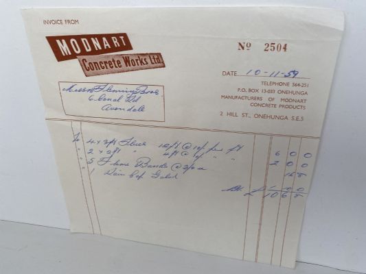 OLD INVOICE: Modnart Concrete Works Ltd, Onehunga 1959