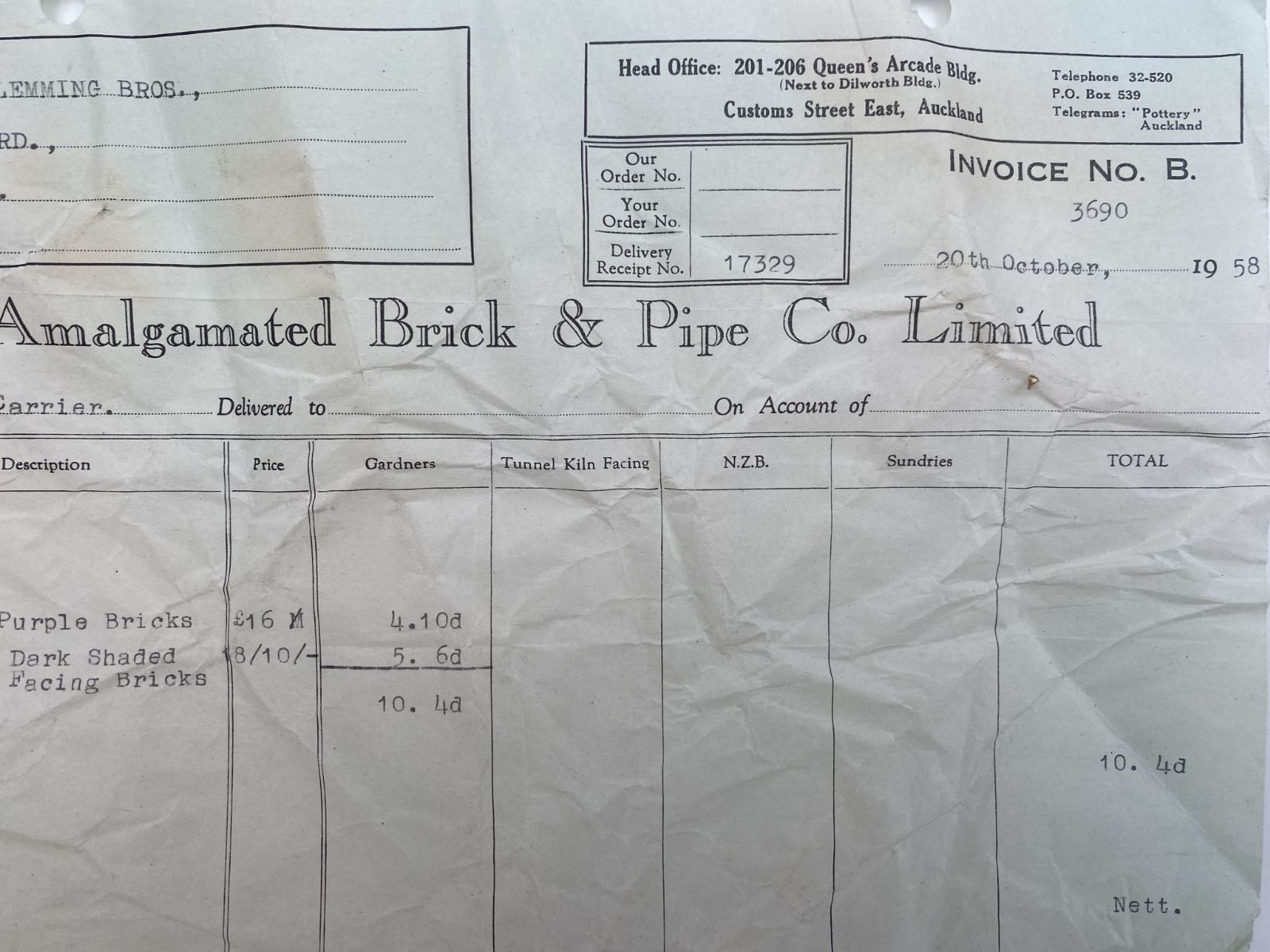 OLD INVOICE: Amalgamated Brick & Pipe Co. Ltd, Auckland 1958