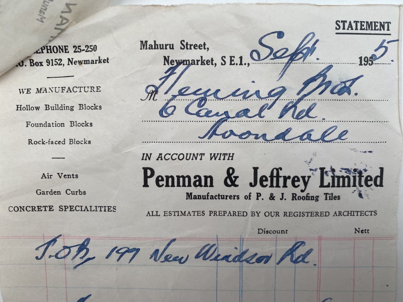 OLD INVOICE / RECEIPT: Penman Jeffrey Ltd, Newmarket - Roof Tiles 1955