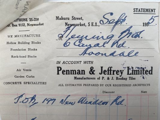 OLD INVOICE / RECEIPT: Penman Jeffrey Ltd, Newmarket - Roof Tiles 1955 