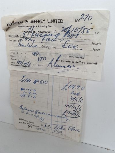 OLD INVOICE / RECEIPT: Penman Jeffrey Ltd, Newmarket - Roof Tiles 1955