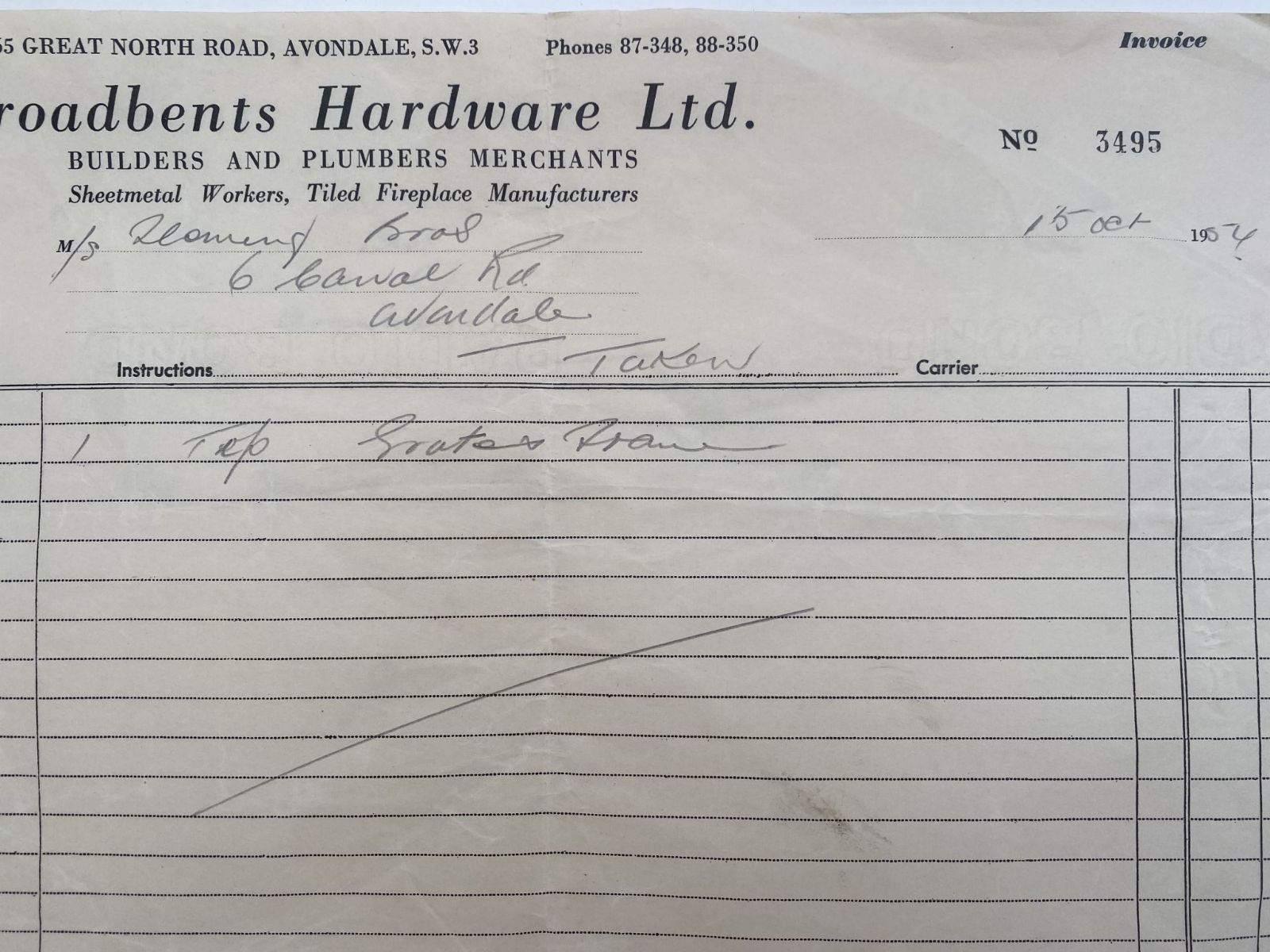 OLD INVOICE: Broadbents Hardware Ltd - Builders & Plumbers Merchants 1954