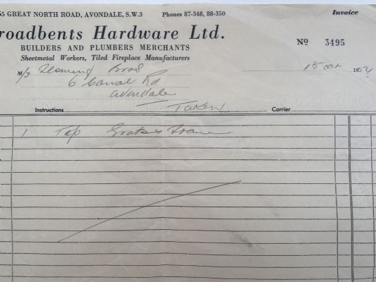 OLD INVOICE: Broadbents Hardware Ltd - Builders & Plumbers Merchants 1954 