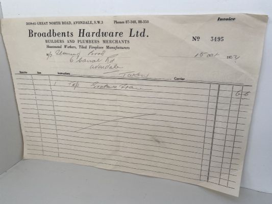 OLD INVOICE: Broadbents Hardware Ltd - Builders & Plumbers Merchants 1954