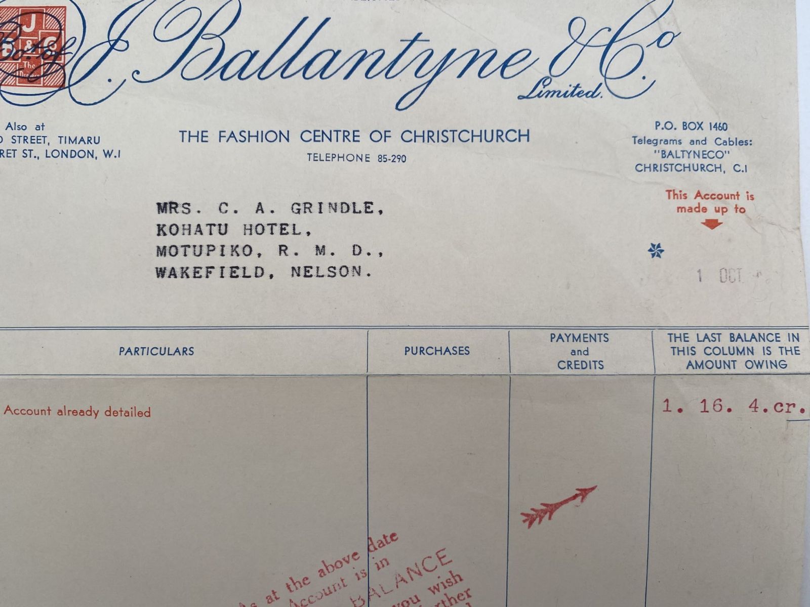 OLD INVOICE / RECEIPT: J. Ballantyne & Co. Christchurch