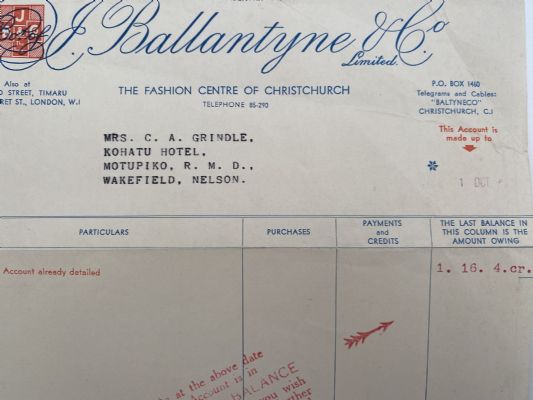 OLD INVOICE / RECEIPT: J. Ballantyne & Co. Christchurch 