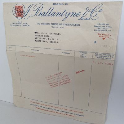 OLD INVOICE / RECEIPT: J. Ballantyne & Co. Christchurch