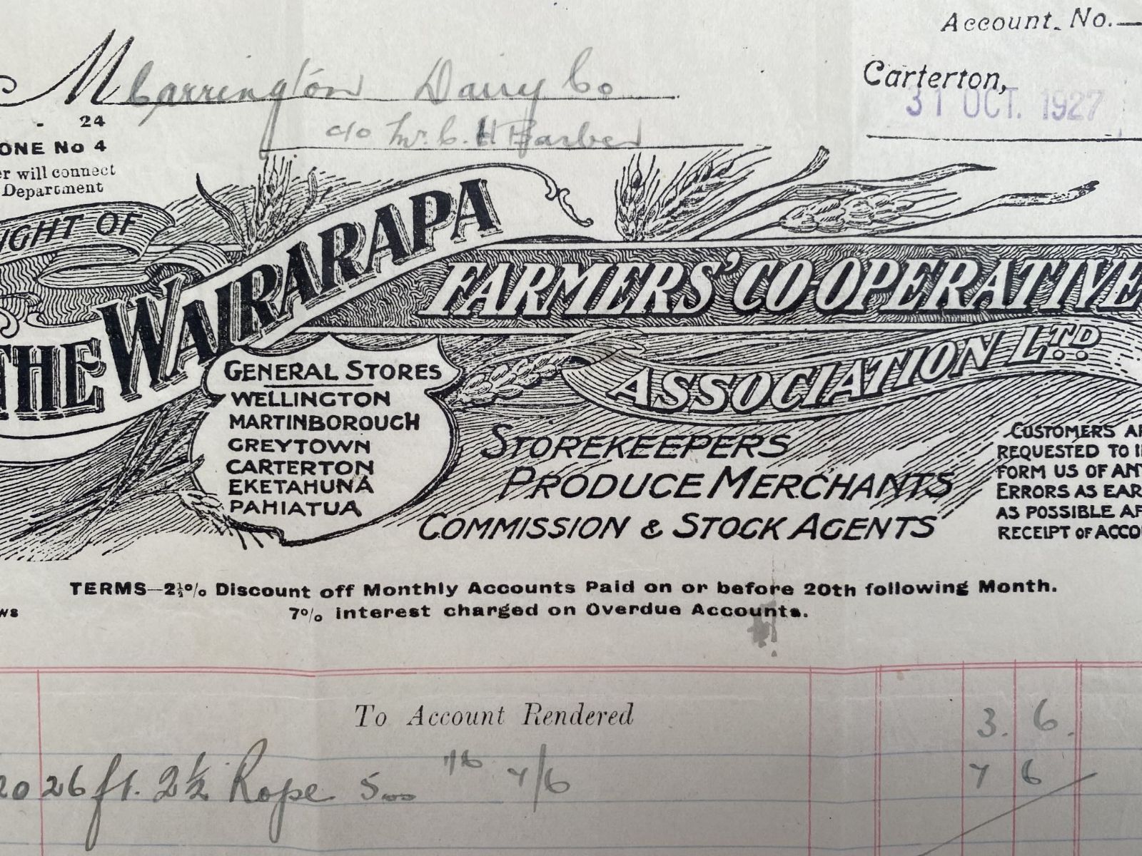 OLD INVOICE / RECEIPT: The Wairarapa Farmers' Co-operative Association 1927