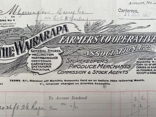 OLD INVOICE / RECEIPT: The Wairarapa Farmers' Co-operative Association 1927 