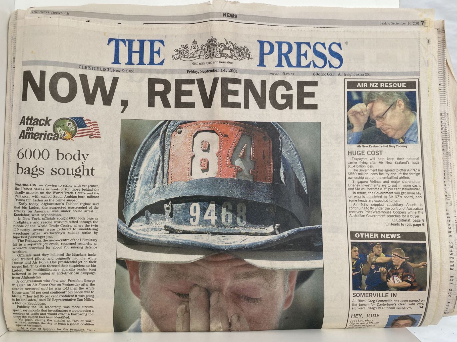 OLD NEWSPAPER: The Press, Christchurch 14 September 2001 - 9/11 Terror Attacks