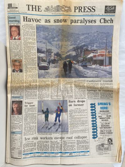 OLD NEWSPAPER: The Press, 29 August 2011 - Christchurch big snow 1992