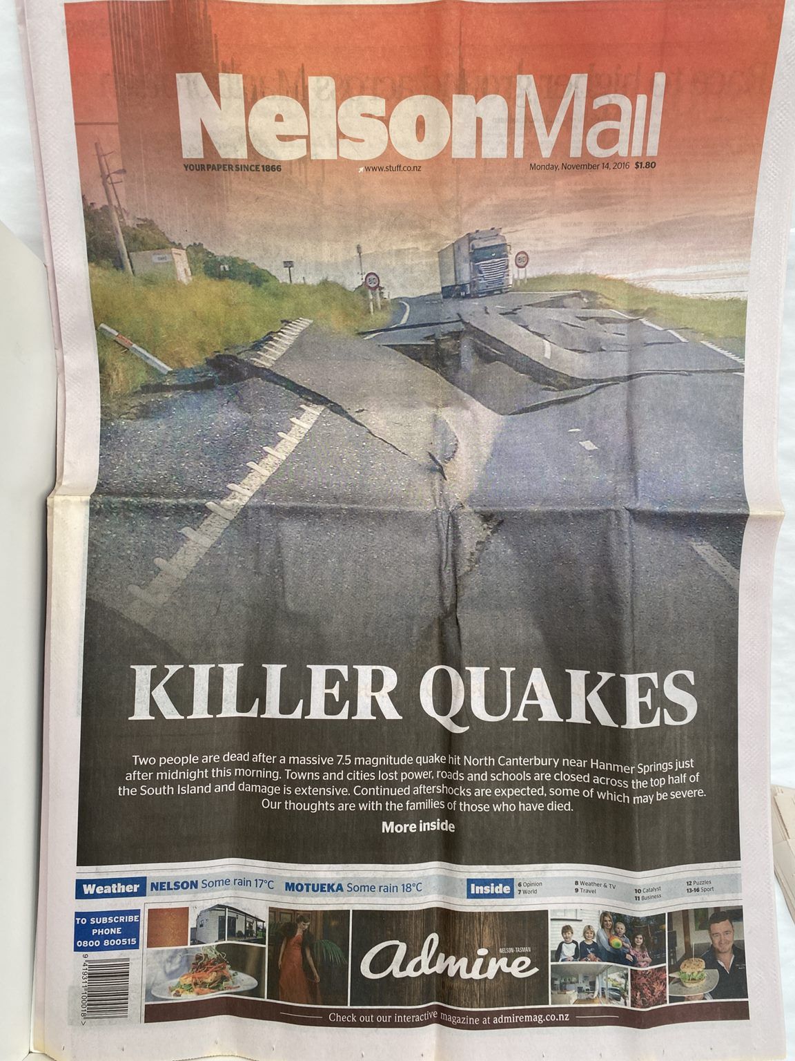 OLD NEWSPAPER: The Nelson Mail, 14 November 2016 - Kaikoura earthquakes