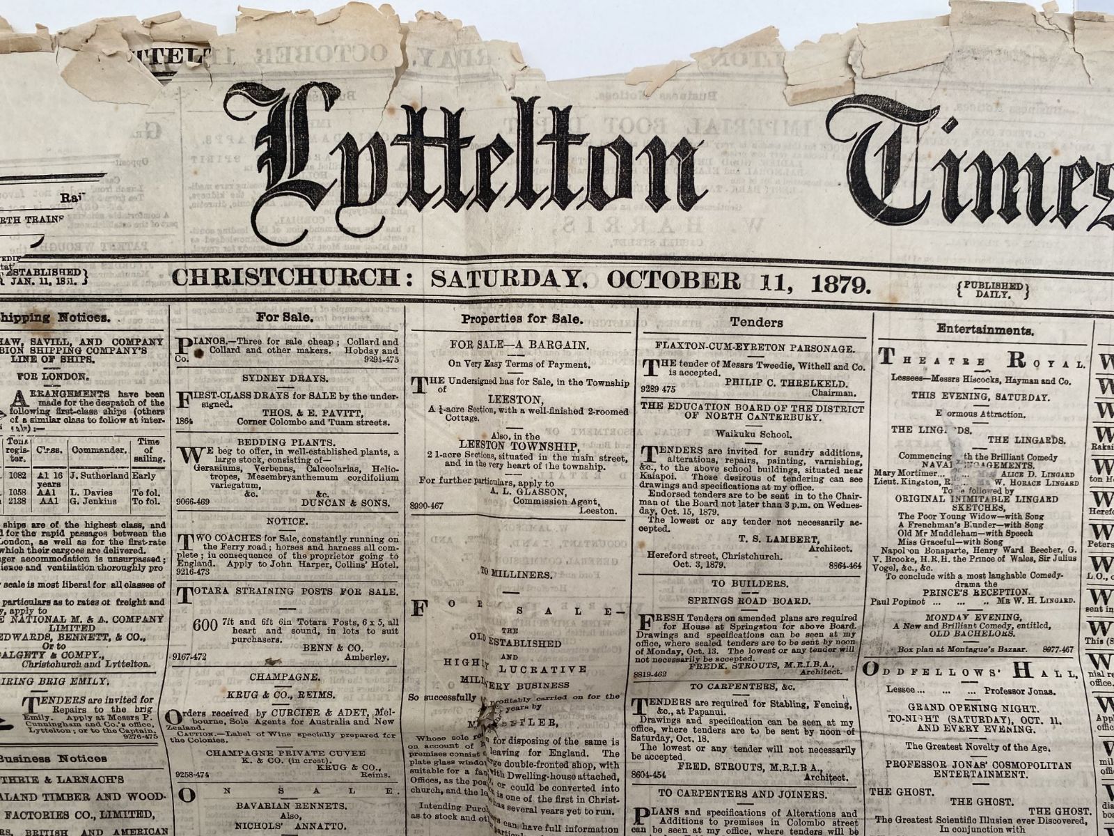 OLD NEWSPAPER: Lyttelton Times - 11 October 1879
