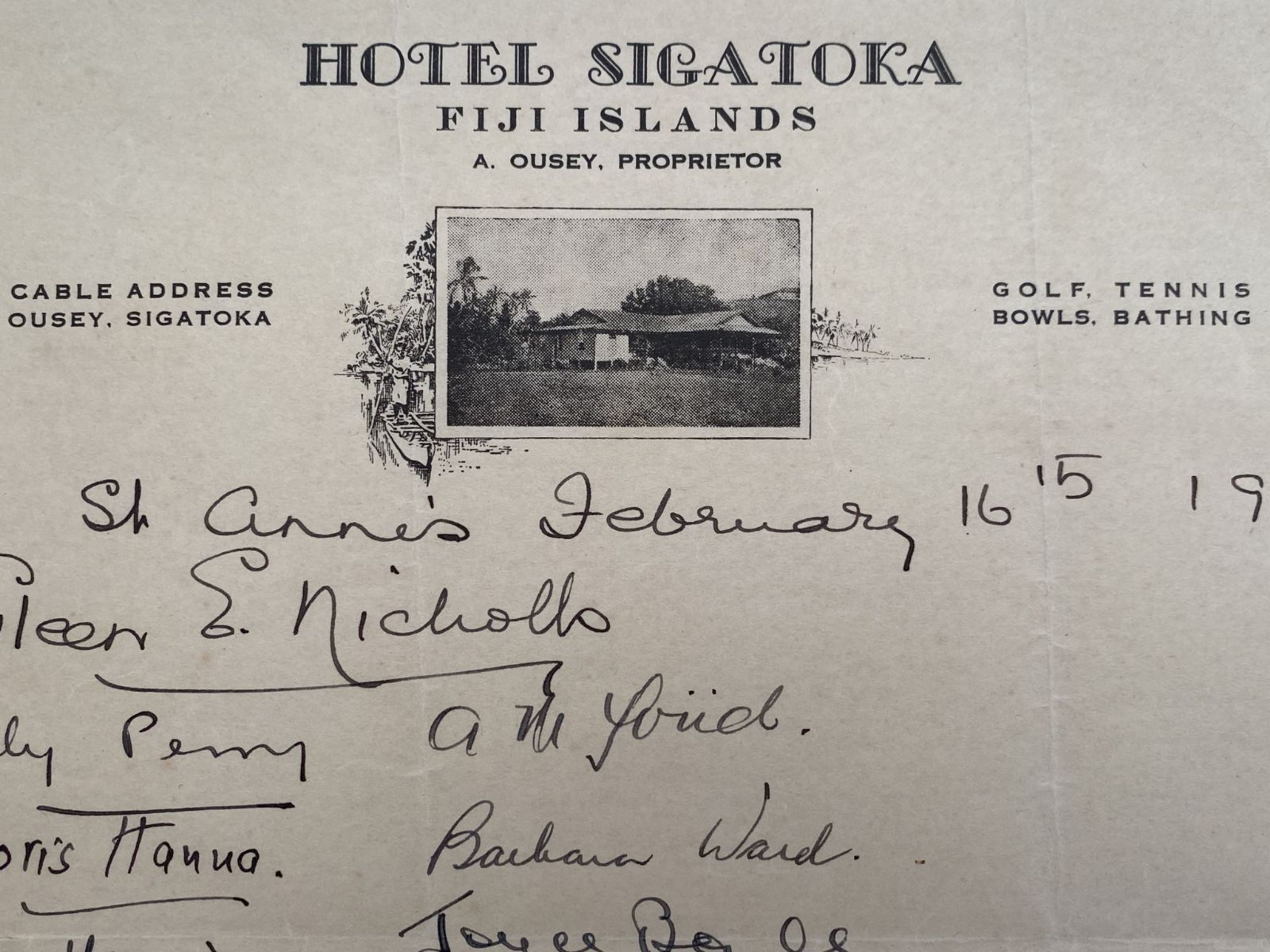 OLD LETTERHEAD: Hotel Sigatoka, Fiji Islands 1951