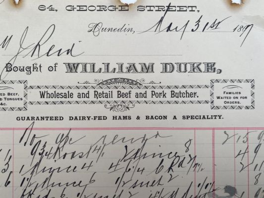 ANTIQUE INVOICE / RECEIPT: William Duke, Beef and Pork Butcher, Dunedin 1897
