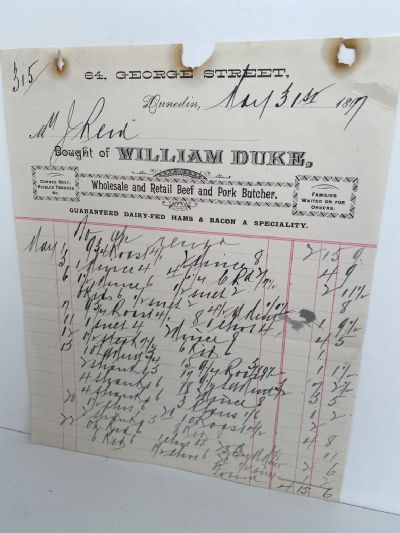 ANTIQUE INVOICE / RECEIPT: William Duke, Beef and Pork Butcher, Dunedin 1897