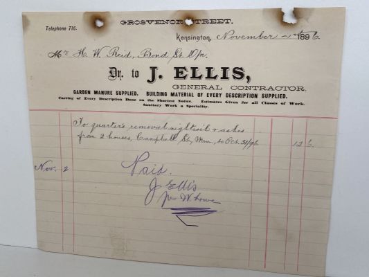 ANTIQUE INVOICE / RECEIPT: J. Ellis, General Contractor, Kensington 1986